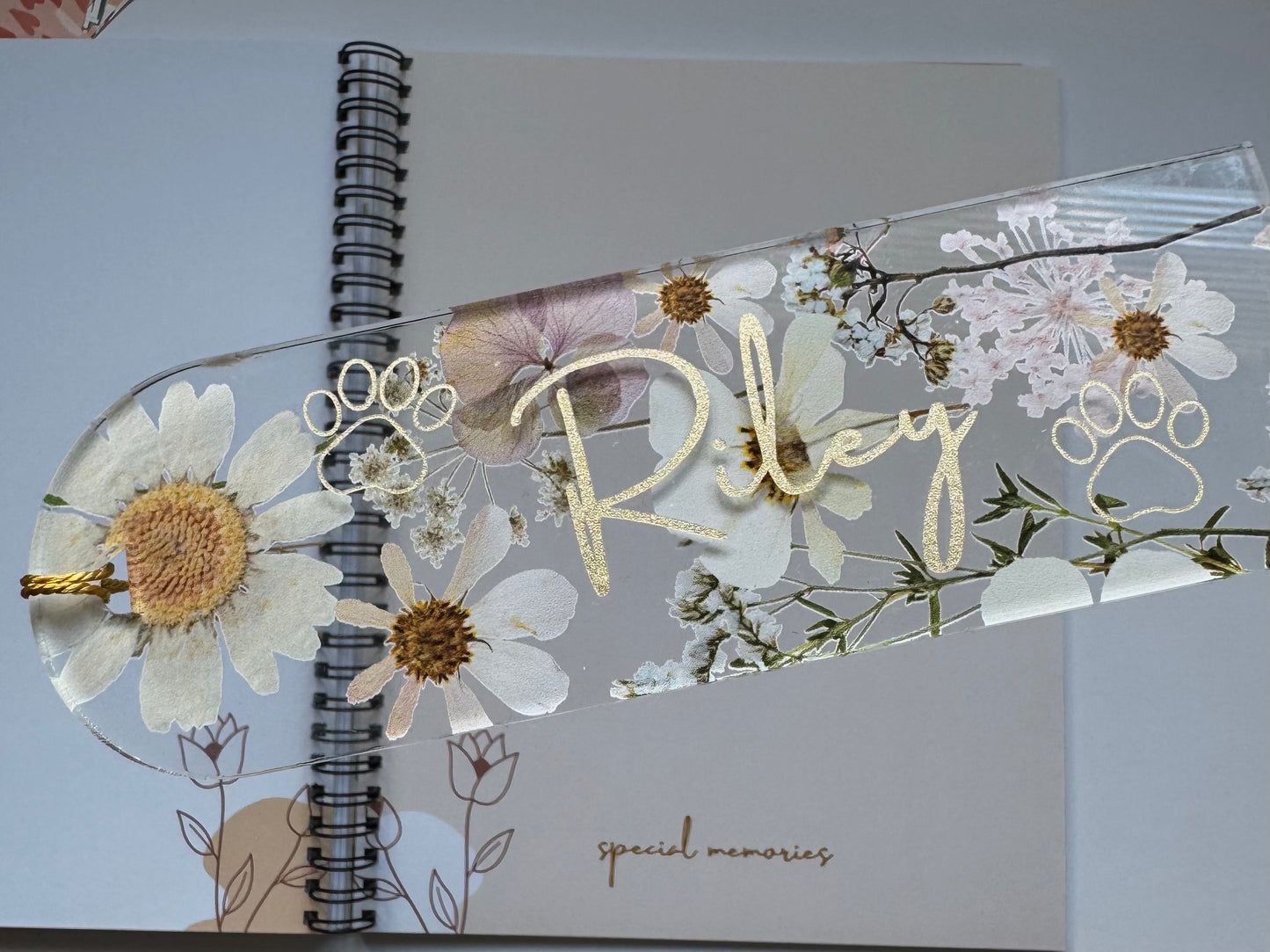 Personalized White Floral Pressed Bookmark
