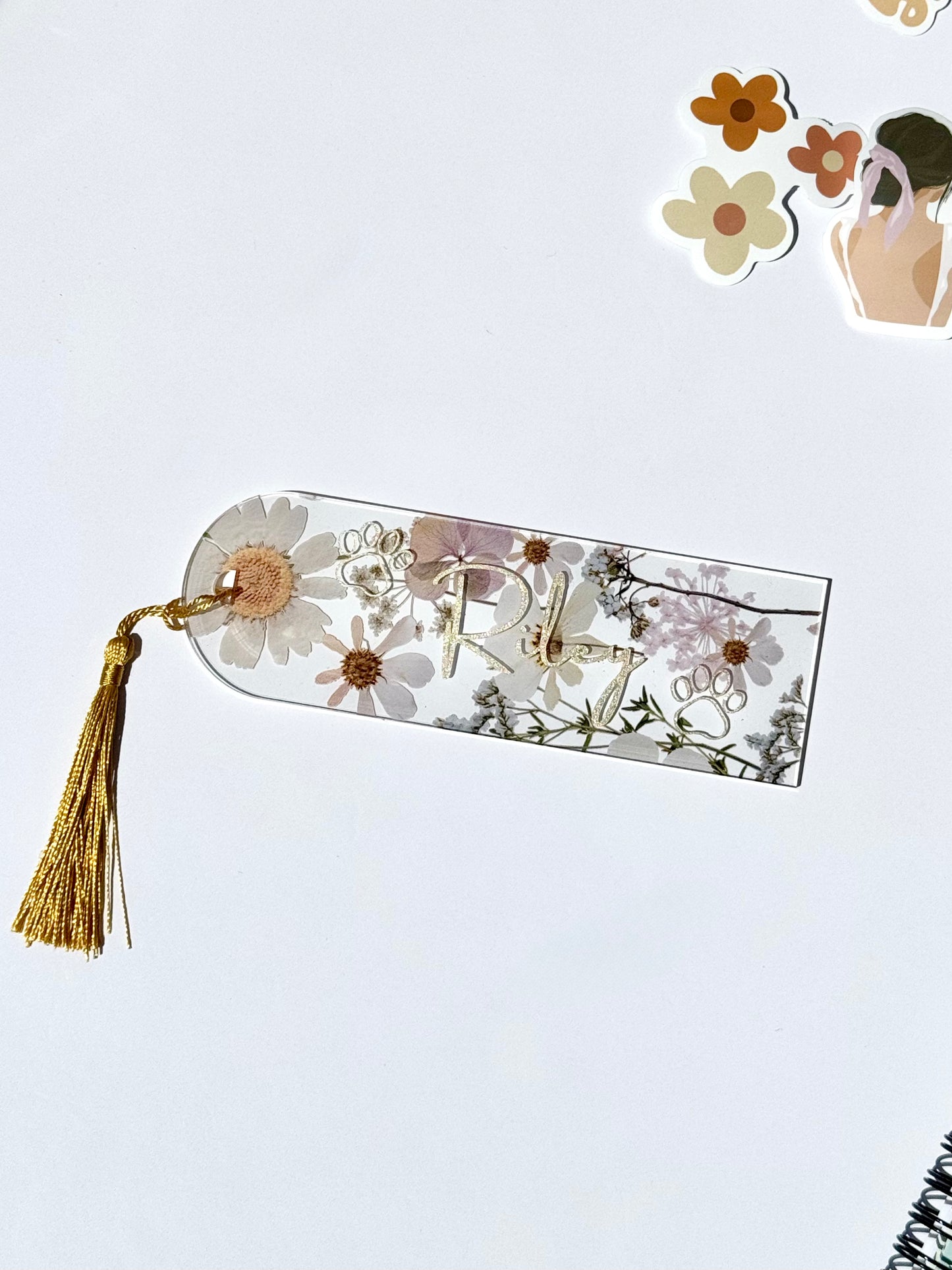 Personalized White Floral Pressed Bookmark